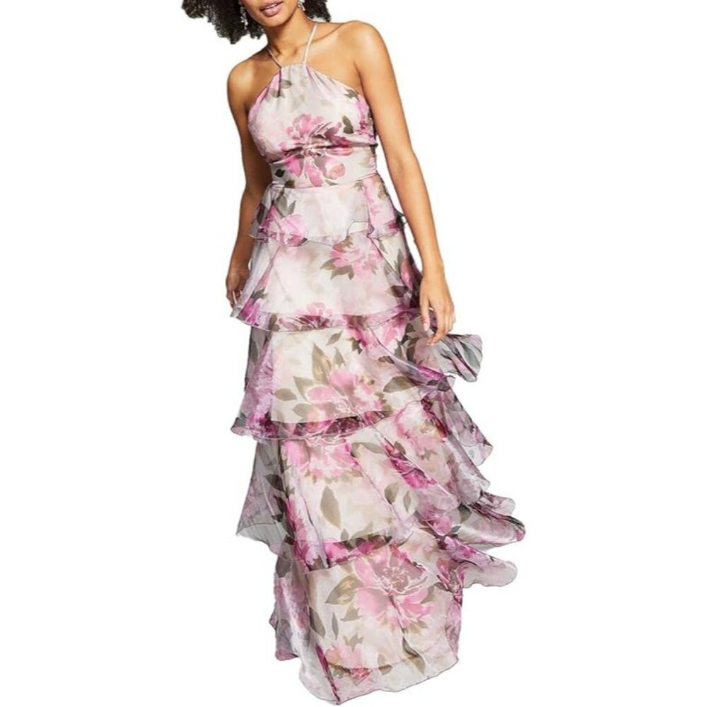 Speechless Floral-Print Tiered Halter Dress Sheer Maxi Evening Grey/Fuchsia SZ 3